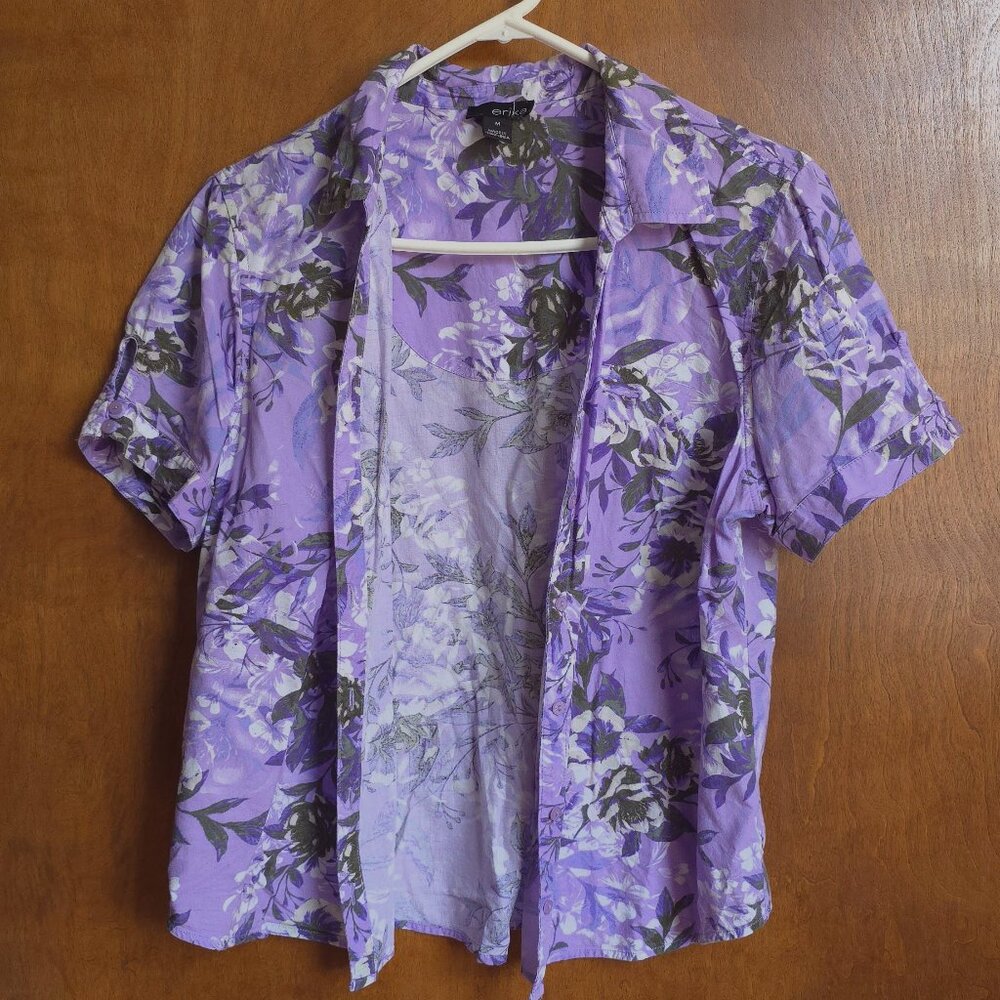 Casual Button Down Purple Shirt, Floral, Women's M